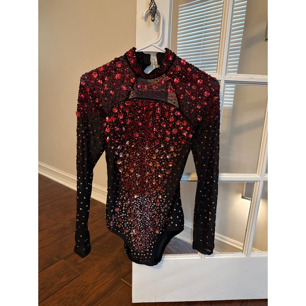 Glamour Dance Costume Leotard NWT Rhinestone Sequin Long Sleeve Adult Large